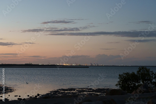 Wallpaper Mural View from Wynnum across the bay to the Port Of Brisbane at dusk. Queensland, Australia. Torontodigital.ca