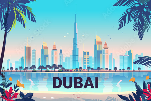 Dubai skyline with modern skyscrapers tropical beach and palm trees reflecting in water vibrant colors travel destination concept banner