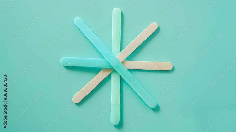 Five Popsicle sticks, mixed shades of blue, circular arrangement, solid mint green background, cool color harmony Five Popsicle sticks, mixed shades of blue, circular arrangement, solid mint green background, cool color harmony