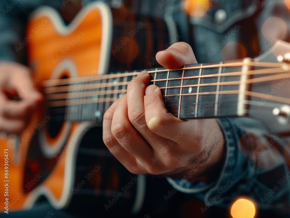 Close-up of hands playing an acoustic guitar, focusing on the strings and fretboard. Musical performance in a cozy setting. Close-up of hands playing an acoustic guitar, focusing on the strings and fretboard. Musical performance in a cozy setting.
