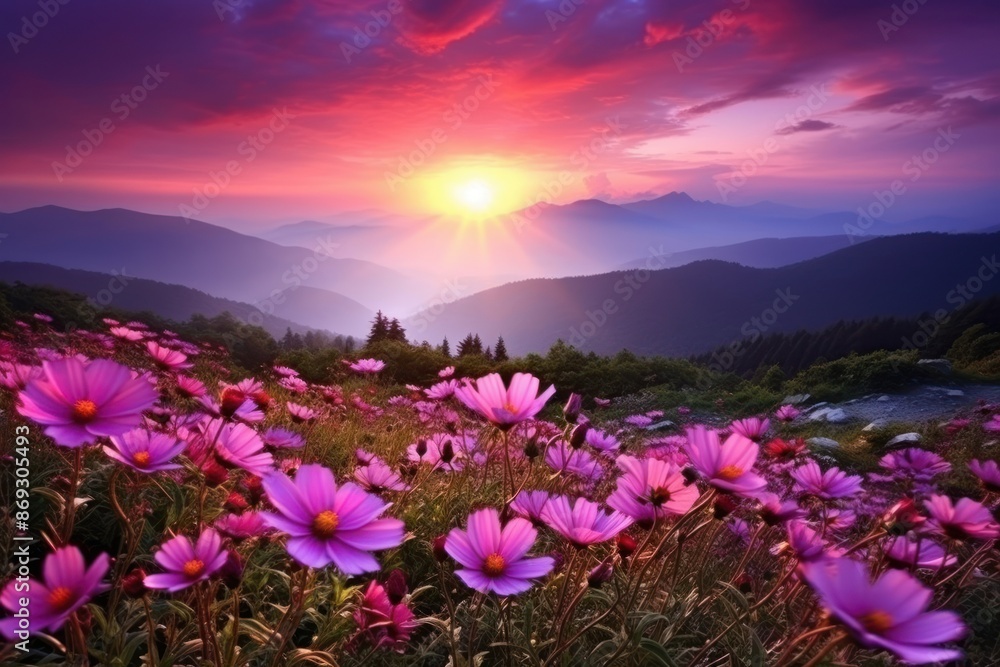 Obraz premium Sky sunset and green hill mountains flower sky landscape.