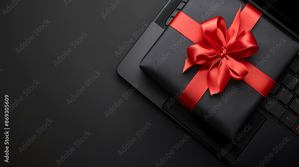 Black Friday sale online shopping commerce, Top view of gift box wrapped black paper and red bow ribbon present on a laptop computer keyboard, studio shot on black background design Black Friday sale online shopping commerce, Top view of gift box wrapped black paper and red bow ribbon present on a laptop computer keyboard, studio shot on black background design