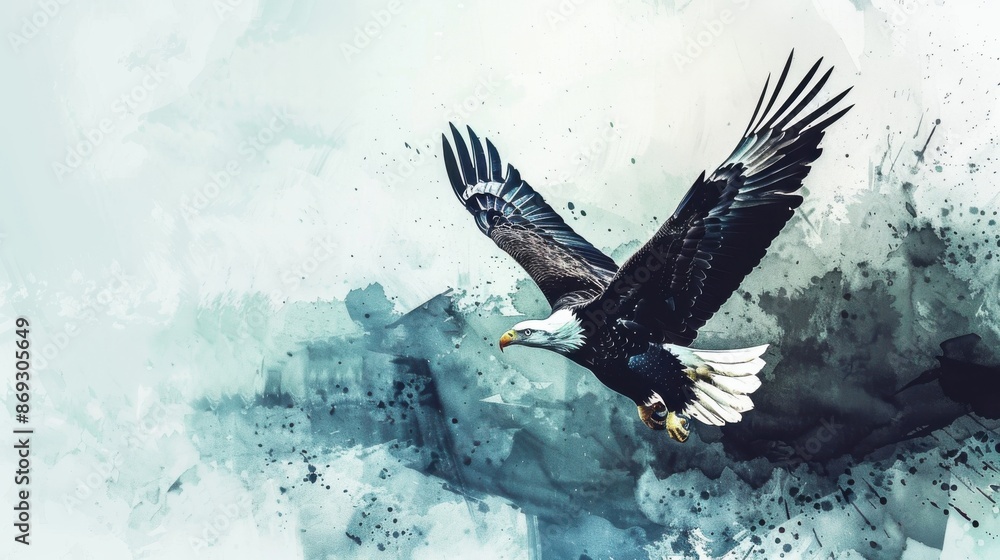 Obraz premium Abstract painting of a majestic eagle soaring in the sky with watercolor splashes creating a dynamic and powerful visual effect.