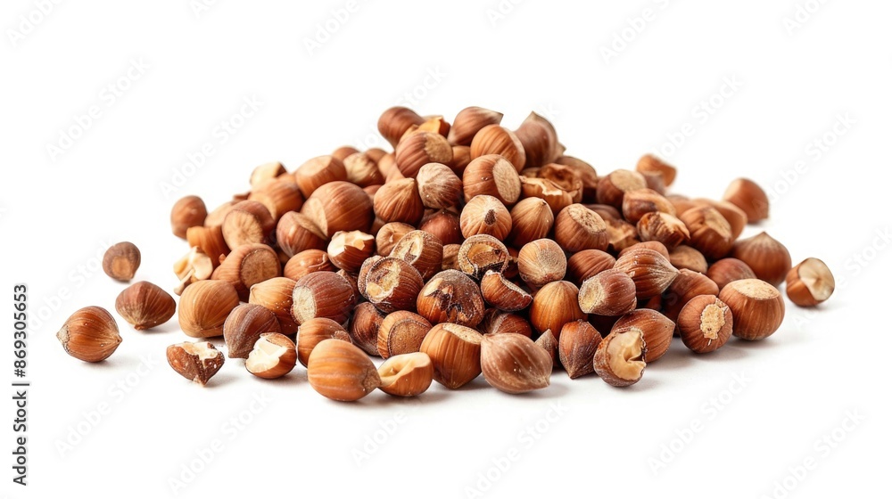 A collection of nuts arranged on a clean and bright white surface, suitable for use in food or still life photography A collection of nuts arranged on a clean and bright white surface, suitable for use in food or still life photography