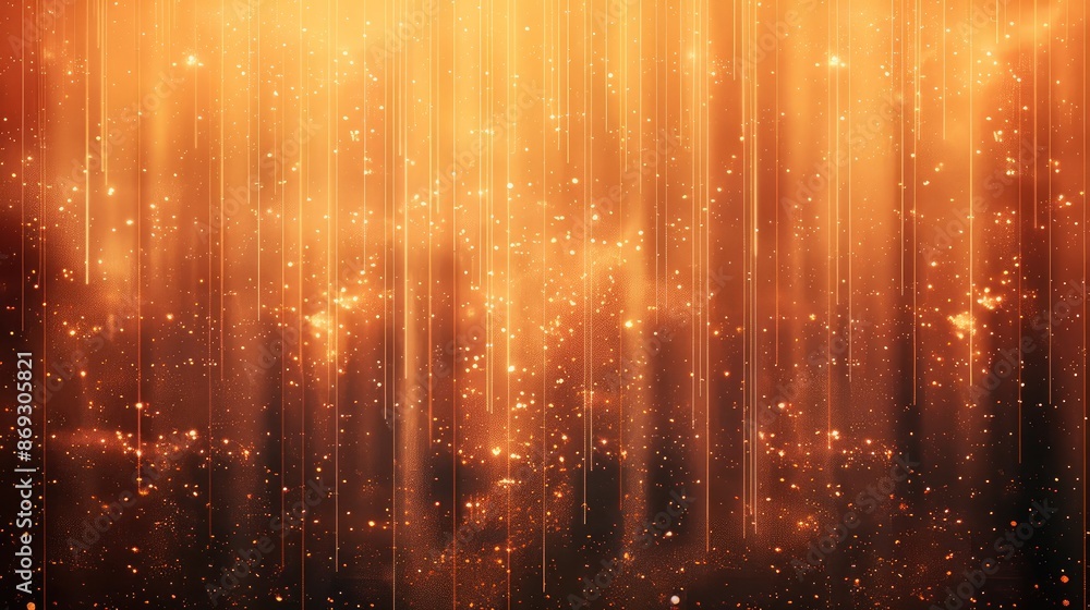 Obraz premium A background of vertical orange lines with brown gradient, the top is darker and bottom light, little dust particles in air. Generative AI.