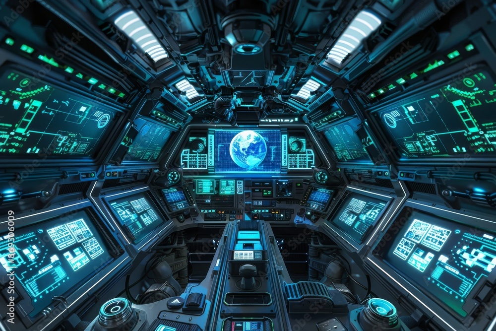 Intricate detail, a futuristic spaceship control room with screens and buttons, generative AI, cyberpunk image style Intricate detail, a futuristic spaceship control room with screens and buttons, generative AI, cyberpunk image style