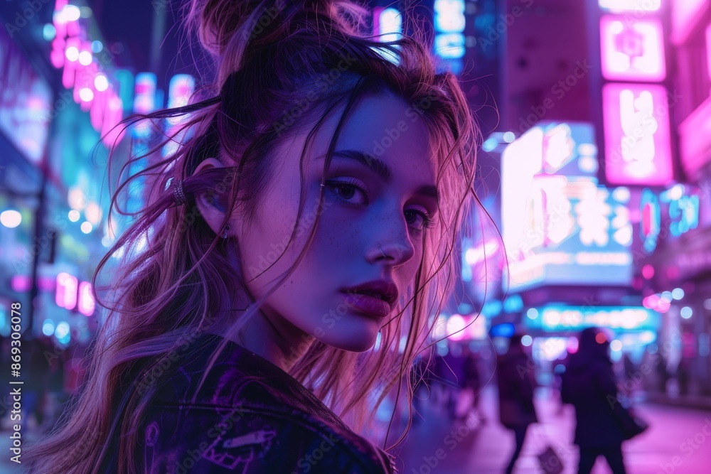 In a futuristic neon city, generative stock renders a beautiful girl with dark hair In a futuristic neon city, generative stock renders a beautiful girl with dark hair