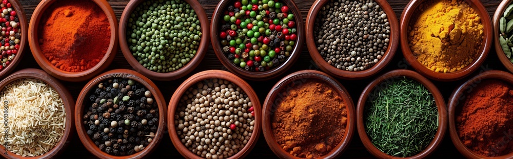 Assortment of Spices in Bowls Black, Green, White, and Red Peppercorns, Paprika, Turmeric, Cumin, Oregano, and Coriander Assortment of Spices in Bowls Black, Green, White, and Red Peppercorns, Paprika, Turmeric, Cumin, Oregano, and Coriander