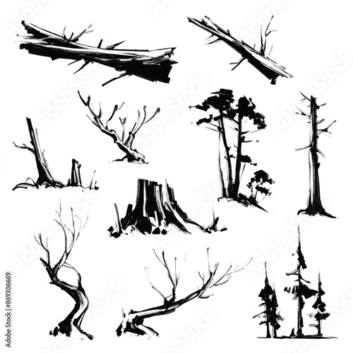Dry and dead trees sketches. Vector