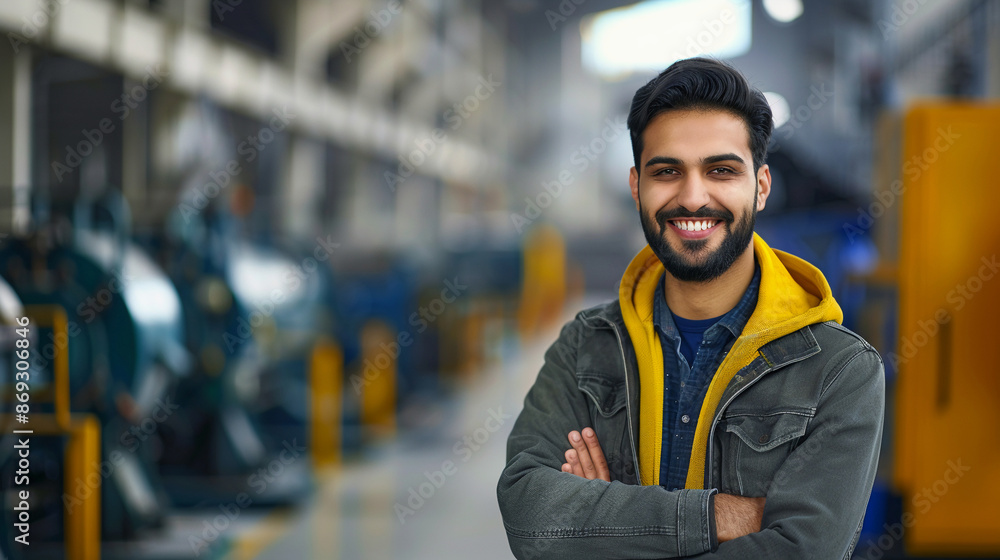 happy male worker in casual jacket with bright smile, industrial setting, machinery blurred in background, job satisfaction happy male worker in casual jacket with bright smile, industrial setting, machinery blurred in background, job satisfaction