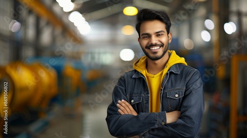 happy male worker in casual jacket with bright smile, industrial setting, machinery blurred in background, job satisfaction © antusher
