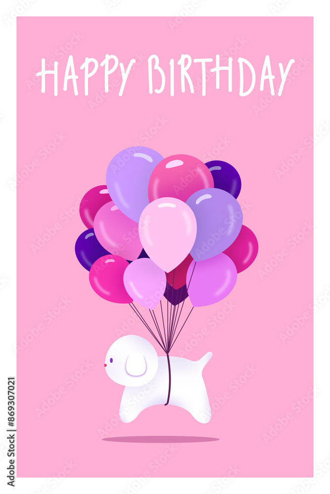 A charming greeting card with a cartoon dog lifted off the ground by a bouquet of balloons A charming greeting card with a cartoon dog lifted off the ground by a bouquet of balloons