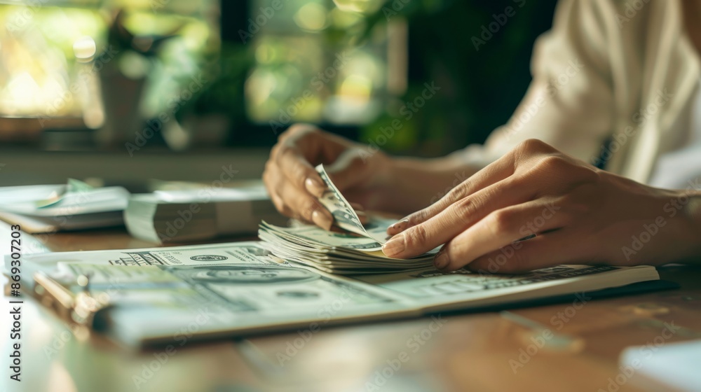 Hands counting a stack of dollar bills with a blurry office background ...
