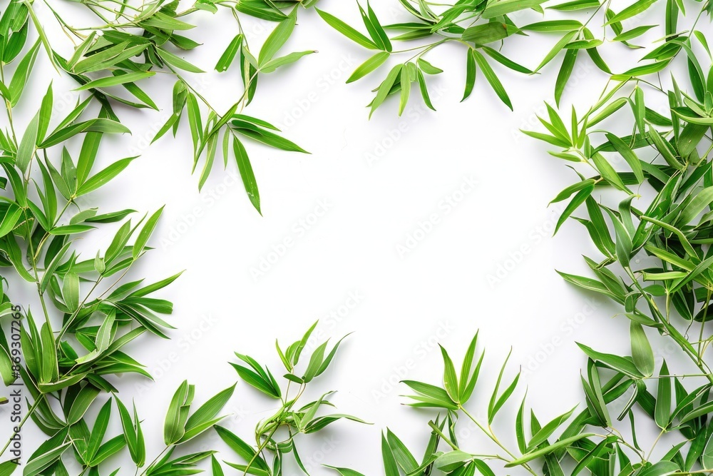 A frame made of intertwined green leaves on a white background, suitable for decorative purposes or as a creative prop A frame made of intertwined green leaves on a white background, suitable for decorative purposes or as a creative prop