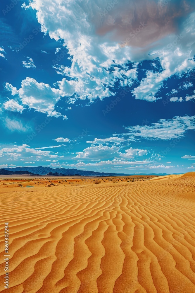 Naklejka premium A serene desert scene with a bright blue sky and puffy white clouds