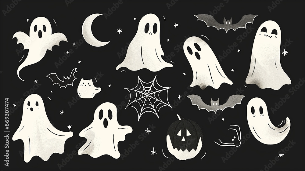 halloween seamless background, Halloween character illustration, a little ghost, pumpkin, bat, and spider webs, halloween background with ghost and pumpkin halloween seamless background, Halloween character illustration, a little ghost, pumpkin, bat, and spider webs, halloween background with ghost and pumpkin