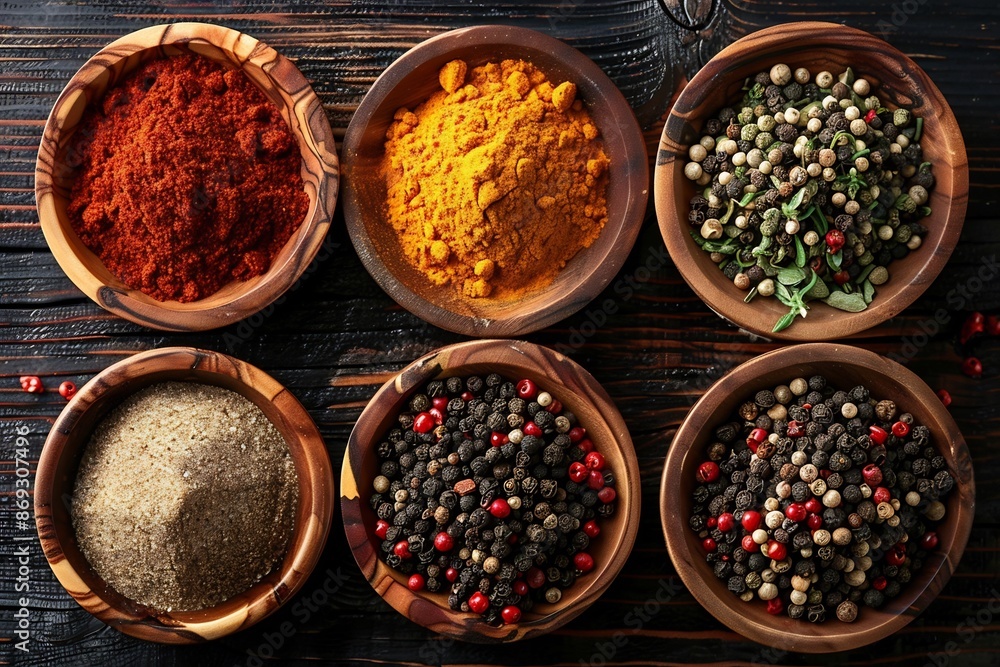 Assortment of Spices in Wooden Bowls on Dark Wood Tabletop Assortment of Spices in Wooden Bowls on Dark Wood Tabletop