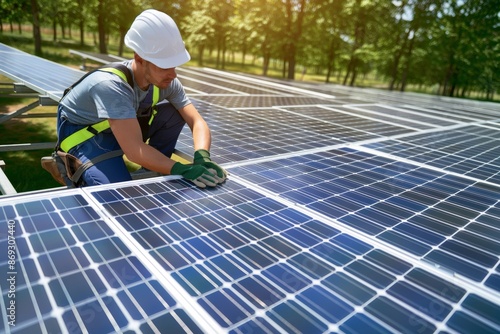 An engineer wearing safety gear is shown installing solar panels on a sunny day. The scene takes place in a green, wooded area, highlighting sustainable energy practices and environmental care. photo