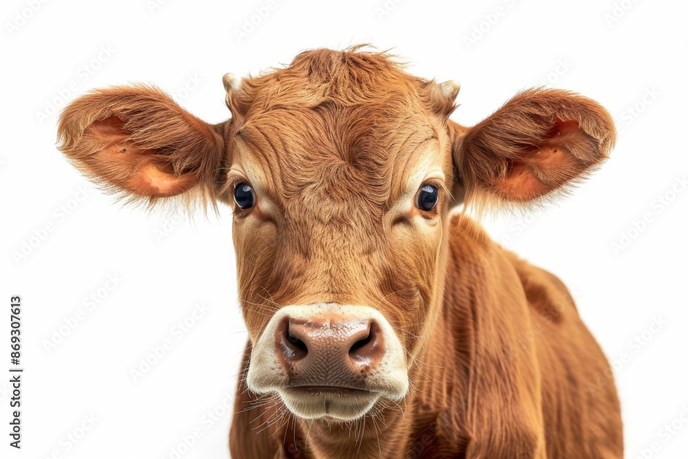 The brown cow or bullock in a farm portrait is looking at the camera, isolated on a clear png background, a funny moment with Farmland animals concept. The brown cow or bullock in a farm portrait is looking at the camera, isolated on a clear png background, a funny moment with Farmland animals concept.