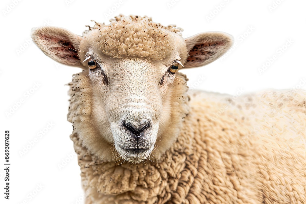 Farmland animals concept, fluffy white sheep face looking at camera, isolated on clear transparent png background. Farmland animals concept, fluffy white sheep face looking at camera, isolated on clear transparent png background.