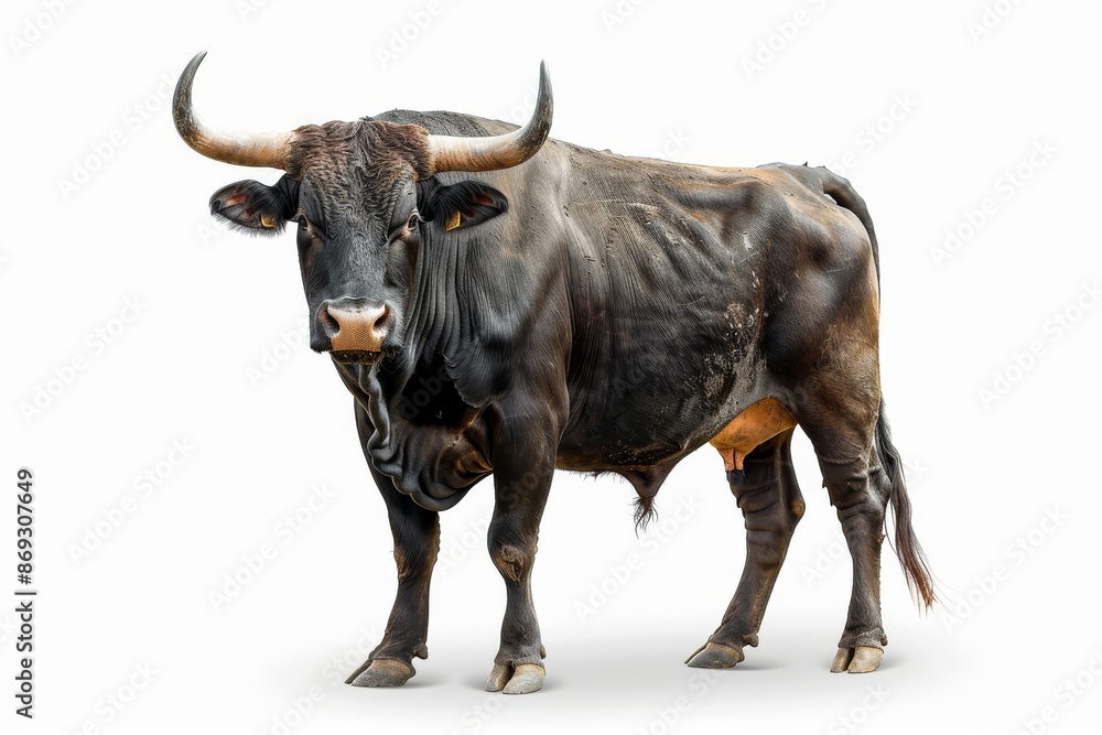 Animated dark brown bull with muscles and long horns looking at camera isolated on clear png background, Concept of Animals Fighter with AI. Animated dark brown bull with muscles and long horns looking at camera isolated on clear png background, Concept of Animals Fighter with AI.