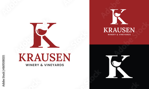 Letter Initial K Wine Glass Logo Design Template. Suitable for Bar Restaurant Cafe Winery Vineyard Pub Club Business Brand Company Logo Design.