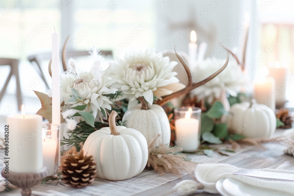 rustic table arrangement featuring white pumpkins, antlers, and candles, creating an elegant and seasonal centerpiece rustic table arrangement featuring white pumpkins, antlers, and candles, creating an elegant and seasonal centerpiece