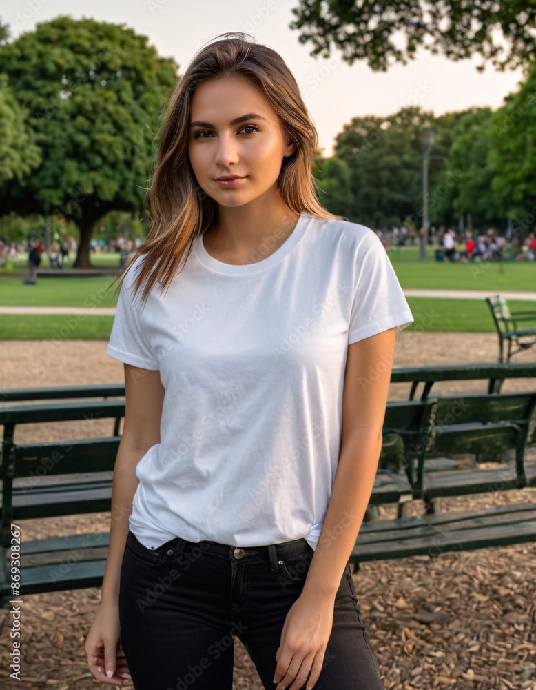 A Girl Wearing Blank White T-shirt At Park A Girl Wearing Blank White T-shirt At Park