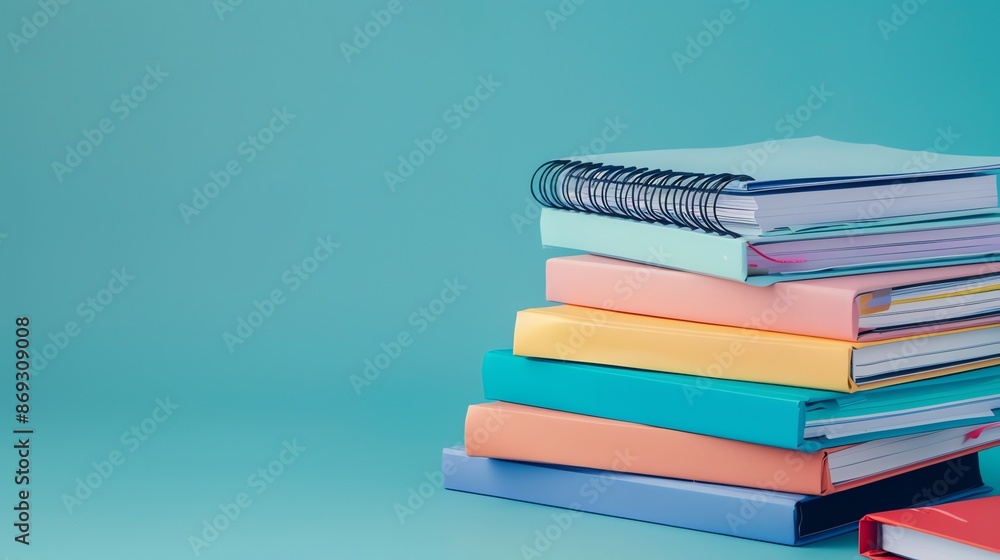 A stack of colorful notebooks and binders on a light blue background. A stack of colorful notebooks and binders on a light blue background.