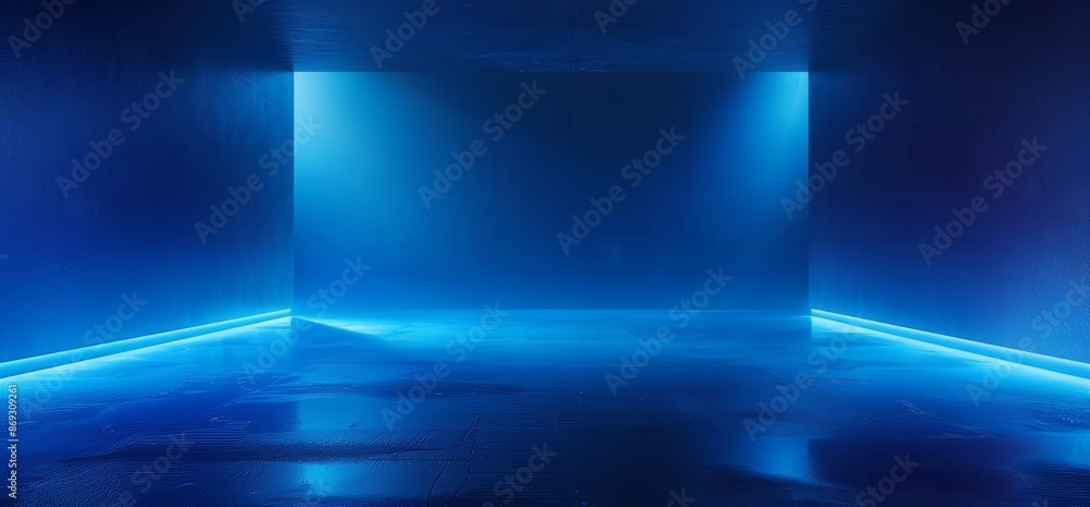 This is a 3D rendering of a sci-fi modern dark empty clean reflective room with colorful ice blue lights and empty space in the background This is a 3D rendering of a sci-fi modern dark empty clean reflective room with colorful ice blue lights and empty space in the background