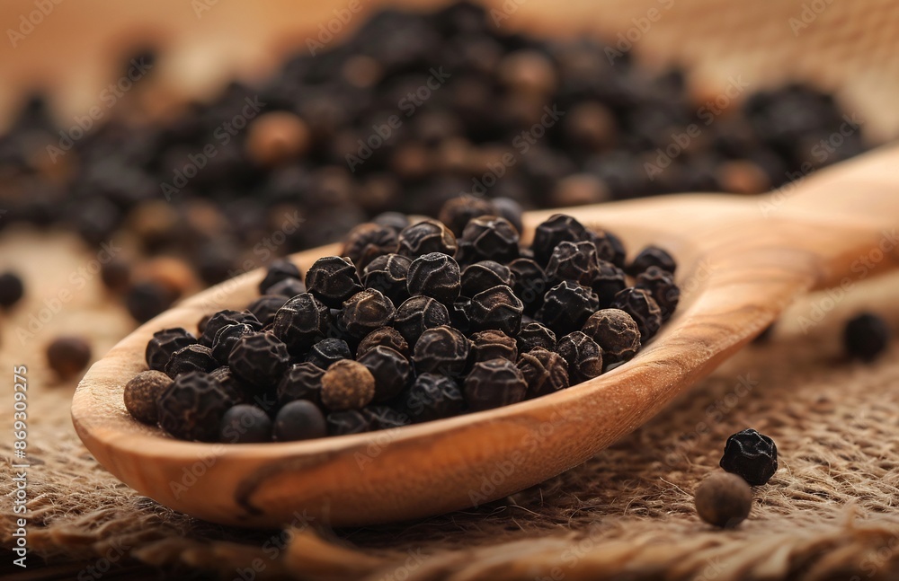 Black Peppercorns in Wooden Spoon on Burlap Black Peppercorns in Wooden Spoon on Burlap