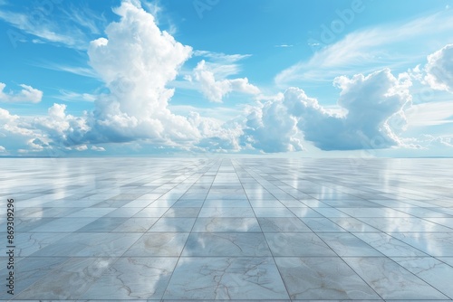 An empty floor with a clean eyes view and a beautiful blue cloudy sky background makes up this Horizon landscape shot.