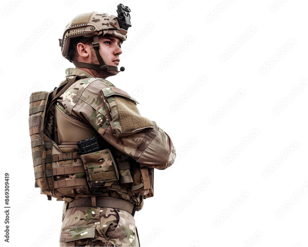 Soldier in Combat Gear serious standing on white background Soldier in Combat Gear serious standing on white background