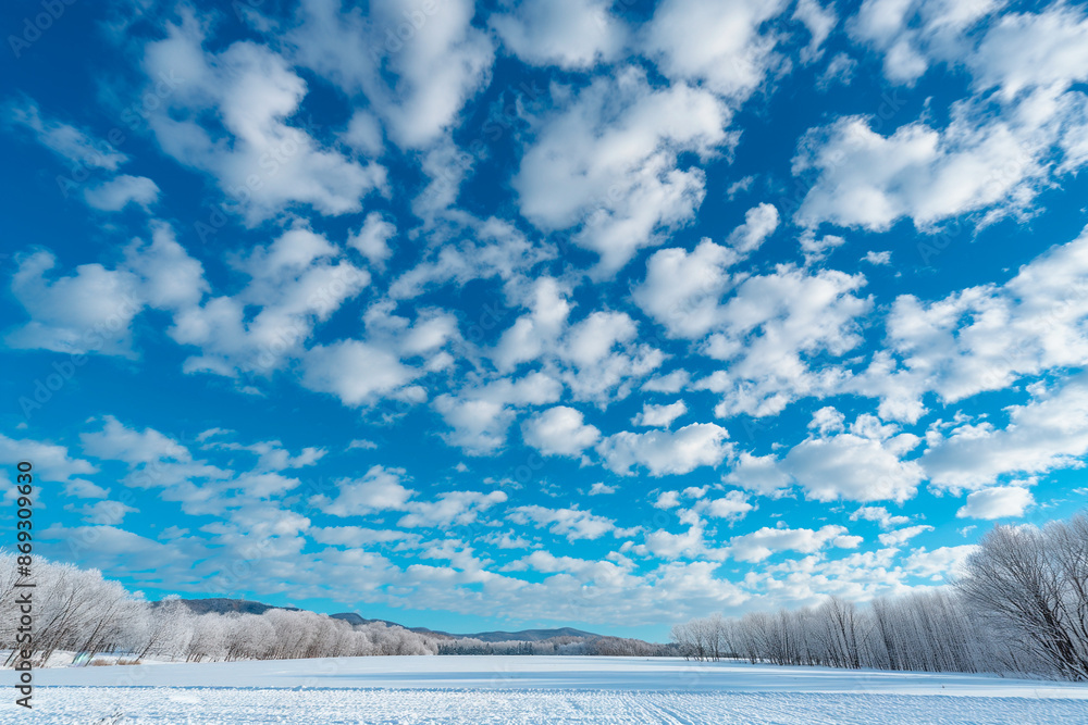 blue sky with white clouds in winter on the ground white snow blue sky with white clouds in winter on the ground white snow