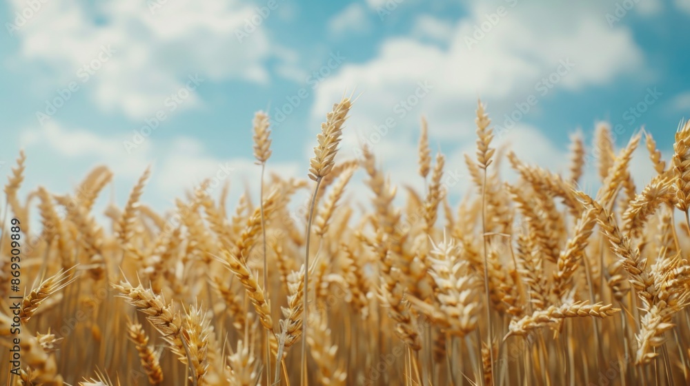 Fototapeta premium A photo of a field of wheat with a clear blue sky in the background, suitable for use in rural-themed projects or as a symbol of growth and abundance