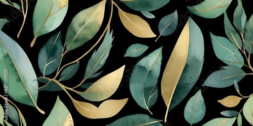Illustration with green gold leaves and branches generative AI illustration