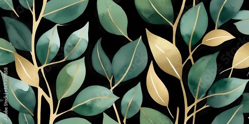 Illustration with green gold leaves and branches generative AI illustration