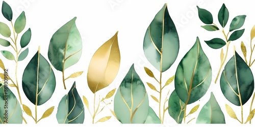 Illustration with green gold leaves and branches generative AI illustration