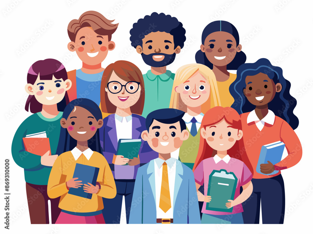 An illustration features a varied group of students joyfully posing with books in a school setting. Illustration of diverse group of students smiling and holding books, representing education and dive An illustration features a varied group of students joyfully posing with books in a school setting. Illustration of diverse group of students smiling and holding books, representing education and dive