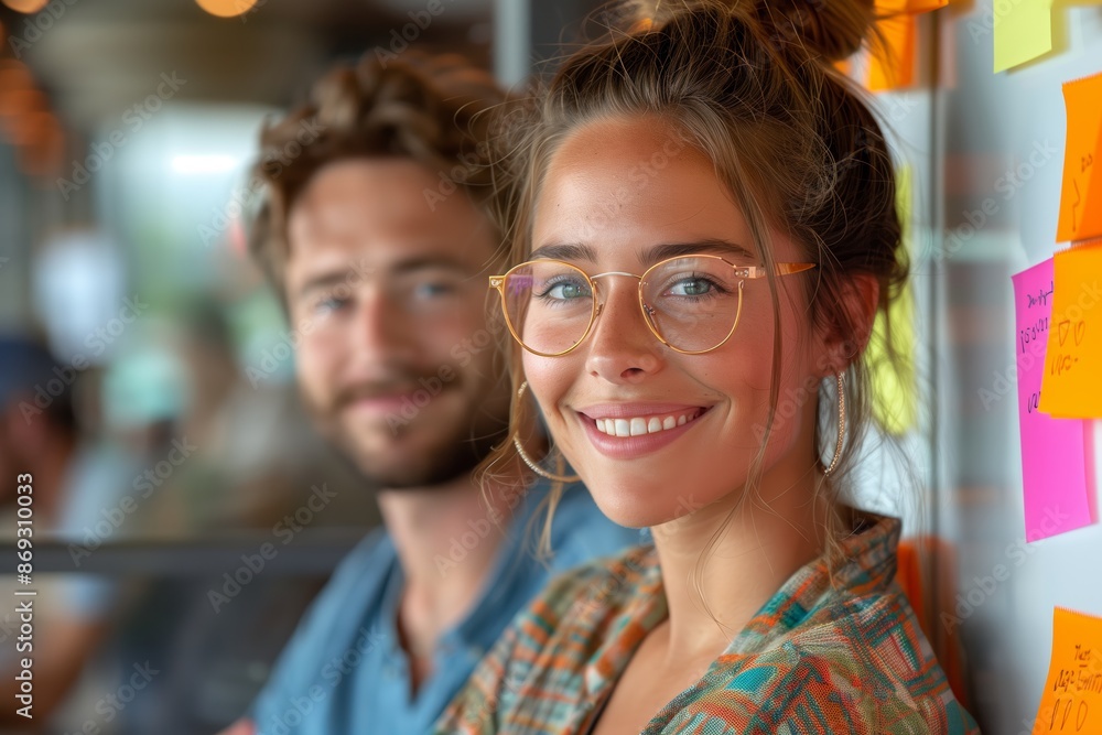 Woman Wearing Glasses Smiles at Camera in an Office Setting Woman Wearing Glasses Smiles at Camera in an Office Setting