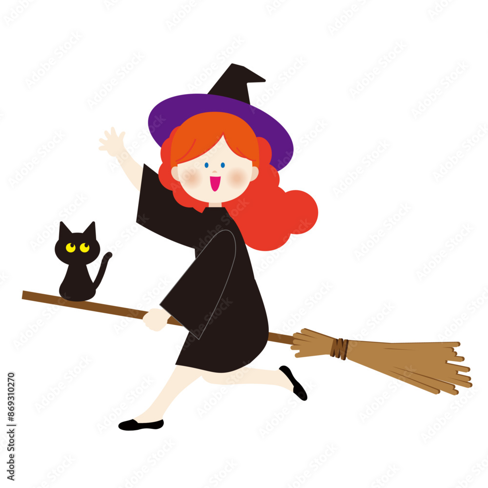 箒に乗った魔女と黒猫のイラスト 箒に乗った魔女と黒猫のイラスト