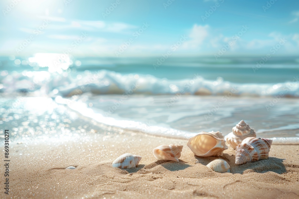 A collection of seashells scattered on a sunny sandy beach near the ocean A collection of seashells scattered on a sunny sandy beach near the ocean