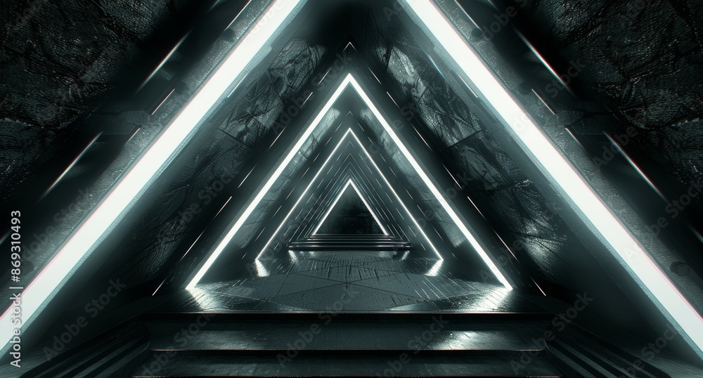 Obraz premium The 3D rendering of a futuristic triangle spaceship corridor. An interior background for a business or sci-fi science idea.
