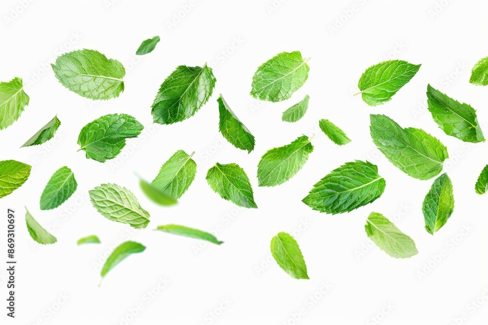 An organic herbal wave and swirl of fresh new leaves in the form of green peppermint leaves flying and falling on a green background. An organic leaf for a border element, and a tropical leaf for a