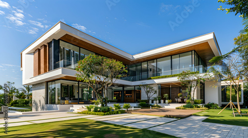 A grand modern bungalow mansion featuring striking architectural design, large open spaces, and luxurious exterior elements, nestled in a private setting © Pik_Lover