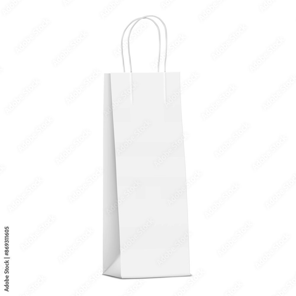 White blank paper wine gift bag with twisted rope handles. Realistic vector mockup. Tall narrow merchandise package. Mock-up for design White blank paper wine gift bag with twisted rope handles. Realistic vector mockup. Tall narrow merchandise package. Mock-up for design