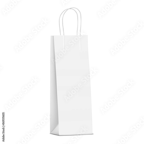 White blank paper wine gift bag with twisted rope handles. Realistic vector mockup. Tall narrow merchandise package. Mock-up for design