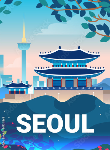 Seoul travel illustration traditional architecture cityscape nature modern buildings vibrant colors tourism design