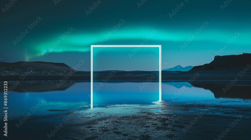 Fototapeta premium A 3D rendering of a surreal landscape dominated by a square blue neon light portal on a water surface. It looks like an abstract fantasy gate against the background of a beautifully dark night sky.