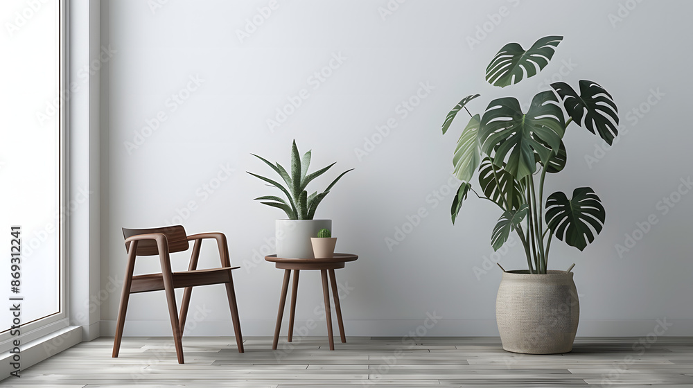 The serene beauty of a monstera flower, its lush green leaves cascading gracefully from a pristine white pot atop a rustic wooden table, set against a backdrop of pure white walls. The serene beauty of a monstera flower, its lush green leaves cascading gracefully from a pristine white pot atop a rustic wooden table, set against a backdrop of pure white walls.